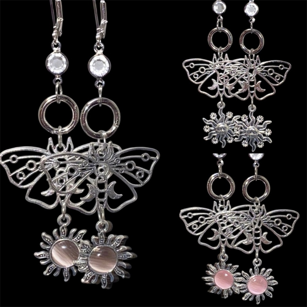 Celestial Silver Moth Earrings with Crescent Moon Charms